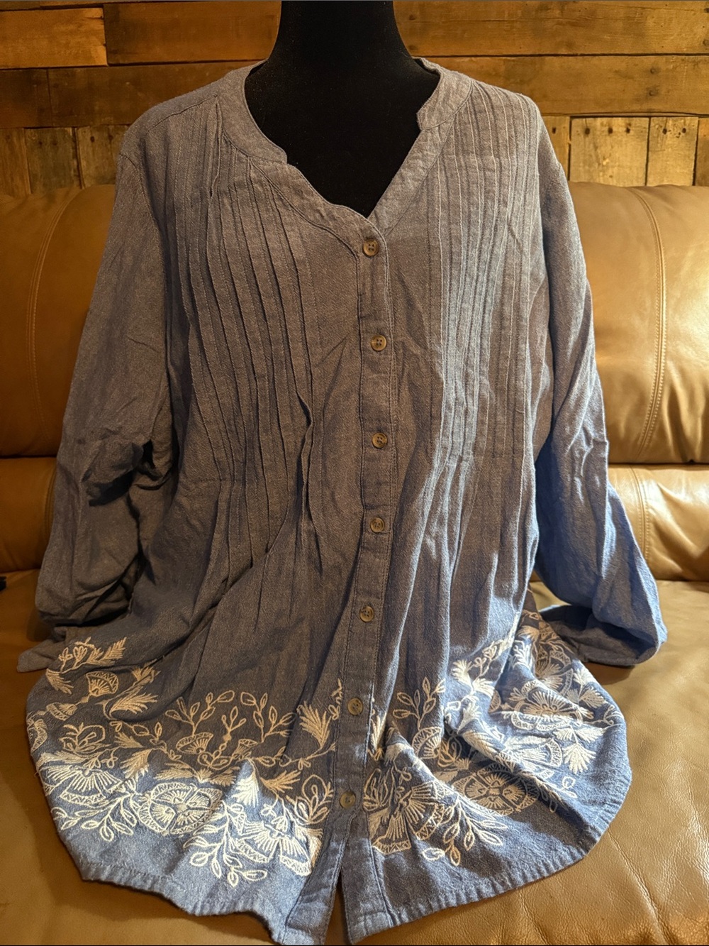 Lane Bryant Blue Embroidered Button-Down Casual Shirt